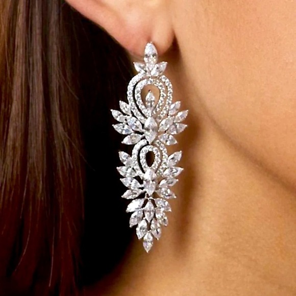 Silver Cubic Zirconia Wedding Earrings, Bridal, Dangle, Anniversary - Picture 1 of 12